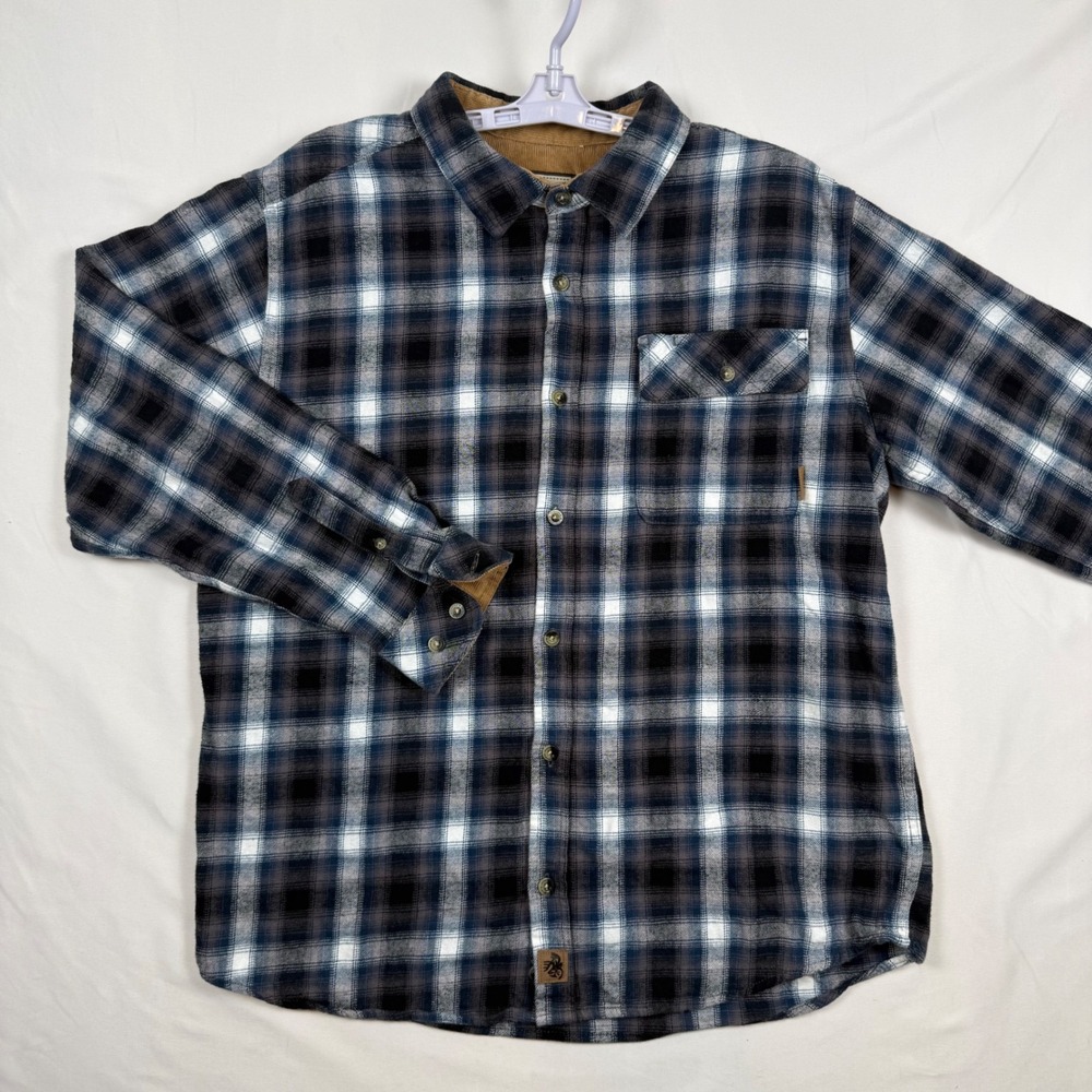 Legendary Whitetails Buck Camp Flannel Shirt Mens Large Blue Black Plaid Cotton